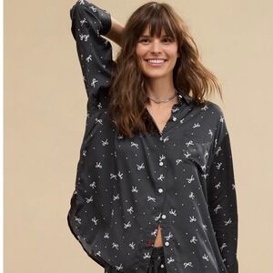 Aerie Button Down Shirt XS Gray Bow Polka Dot Print Satin Long Sleeve Preppy